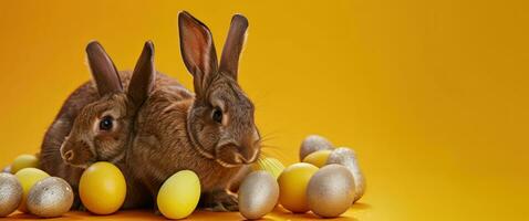 AI generated a bunch of brown rabbits with yellow easter eggs on an orange background photo