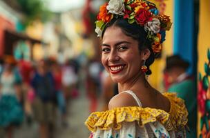 ai generado un contento carnaval bailarín sonriente como ellos caminado mediante un ciudad foto