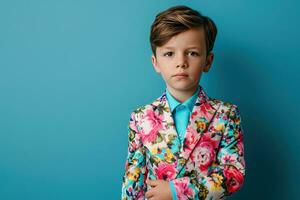 ai generado un pequeño chico en un floral traje poses para un foto