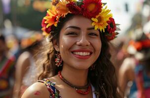 ai generado un contento carnaval bailarín sonriente como ellos caminado mediante un ciudad foto