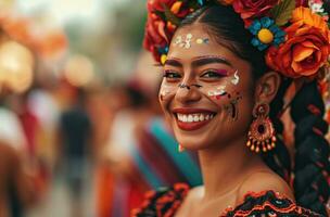 ai generado un contento carnaval bailarín sonriente como ellos caminado mediante un ciudad foto