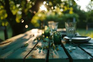 AI generated a green table with plates, glasses and a tree in the background photo