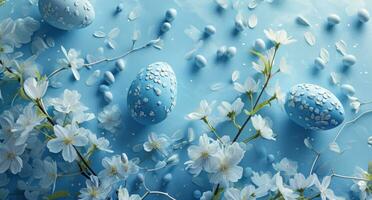 AI generated a light blue background with blue eggs, flowers and daisies photo