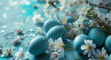 AI generated a light blue background with blue eggs, flowers and daisies photo