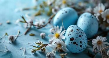 ai generado un ligero azul antecedentes con azul huevos, flores y margaritas foto