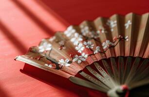 AI generated a paper fan with white blossoms and red design background on a red background photo