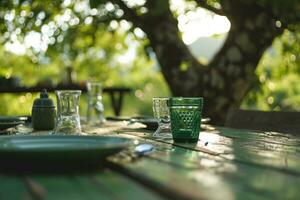 AI generated a green table with plates, glasses and a tree in the background photo