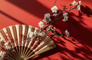 AI generated a paper fan with white blossoms and red design background on a red background photo