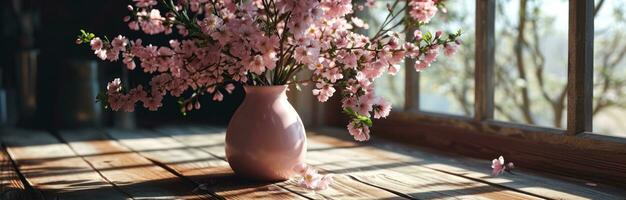 AI generated a pink vase of flowers is placed on a wooden table photo