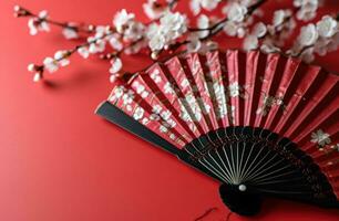 AI generated a paper fan with white blossoms and red design background on a red background photo