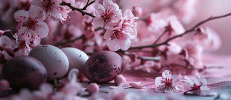 AI generated a pink background with flowers and eggs photo