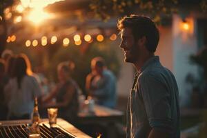 ai generado un hombre sonriente mientras en pie en frente de un parrilla con un pocos personas fuera de foto