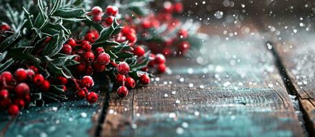 AI generated a red holly garland hangs over a wooden background photo