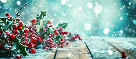 AI generated a red holly garland hangs over a wooden background photo