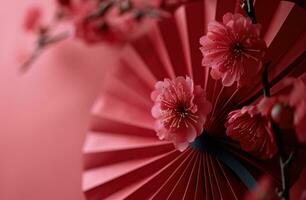 AI generated a paper fan with pink flowers on a red background, photo