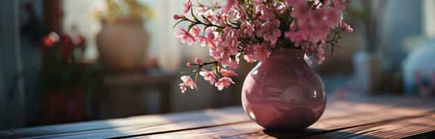 AI generated a pink vase of flowers is placed on a wooden table photo