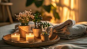 AI generated a tray with candles and towels, pots of flowers and plants on it photo