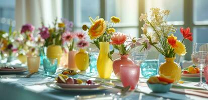 ai generado un mesa ajuste decorado con pastel de colores vaso florero de flores y comida foto