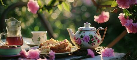 ai generado un tetera con rosado flores se sienta siguiente a algunos comida y té foto