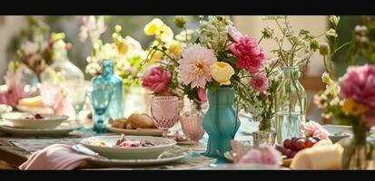 ai generado un mesa ajuste decorado con pastel de colores vaso florero de flores y comida foto