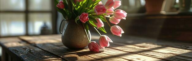 AI generated a vase full of pink tulips sits on a wooden table photo