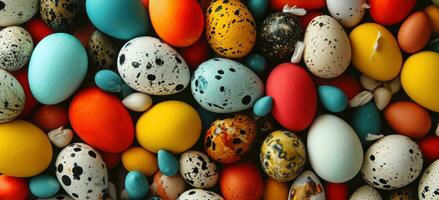 AI generated an assortment of colorful eggs are arranged on a background photo