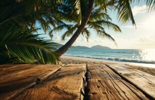 AI generated a wooden table with palm trees on the beach photo