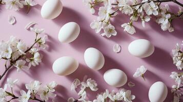 AI generated an arrangement of white eggs on an apricot background with sakura white flowering branches photo