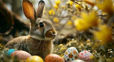 ai generado un orejas conejito sentado en el nido de de colores huevos foto