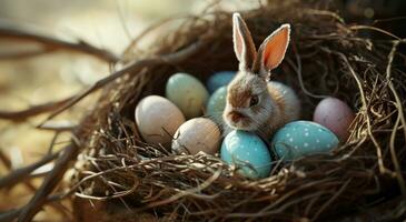 AI generated an eared bunny sitting in the nest of colored eggs photo