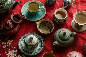 AI generated an arrangement of tea cups and teapots on red paper photo