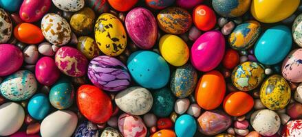 AI generated an assortment of colorful eggs are arranged on a background photo