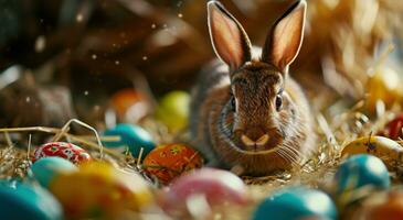 AI generated an eared bunny sitting in the nest of colored eggs photo