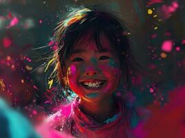 AI generated a young girl smiling in colorful powder photo