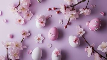 AI generated all white and pink easter eggs on purple background photo