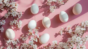 AI generated an arrangement of white eggs on an apricot background with sakura white flowering branches photo