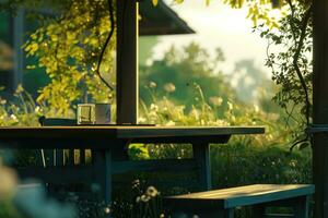 AI generated a table is sitting on the outside of an open field photo