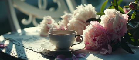 AI generated a table with peonies and a cup of tea photo