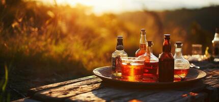 AI generated a small tray full of bottles with drinks sitting on a table with a background of a grassy hill photo