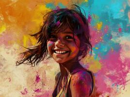 AI generated a young girl smiling in colorful powder photo