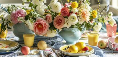 AI generated a table setting decorated with pastel colored glass vase of flowers and food photo