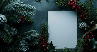 AI generated a white paper is placed in front of a winter wreath and berries photo