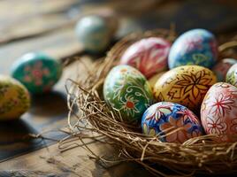 AI generated an image shows several hand painted easter eggs on a table photo