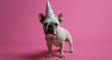 AI generated a white french bulldog in a party hat is standing on a pink background photo