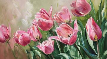 ai generado un petróleo pintura de rosado tulipanes en un antecedentes foto