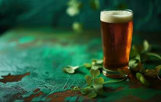ai generado un irlandesa cerveza con dos trébol hojas sentado en un verde mesa foto