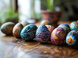 AI generated an image shows several hand painted easter eggs on a table photo