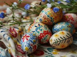 ai generado un imagen muestra varios mano pintado Pascua de Resurrección huevos en un mesa foto