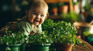 AI generated baby boy licking some green shamrocks photo