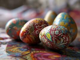 AI generated an image shows several hand painted easter eggs on a table photo